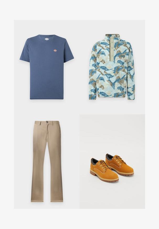 Pull polaire avec motif abstrait de montagnes en bleu, beige et crème, patte à boutons-pression, poche poitrine zippée et logo Columbia Sportswear.; T-shirt bleu uni à manches courtes avec col rond, petit logo rond multicolore sur la partie gauche de la poitrine.; Pantalon en coton beige avec une coupe droite, fermeture par un seul bouton, poches avant et ourlets cousus. Texture lisse, style polyvalent.; Chaussures en daim marron avec un bout rond, des lacets jaunes, un col rembourré noir et des semelles en caoutchouc avec des rainures de traction.
