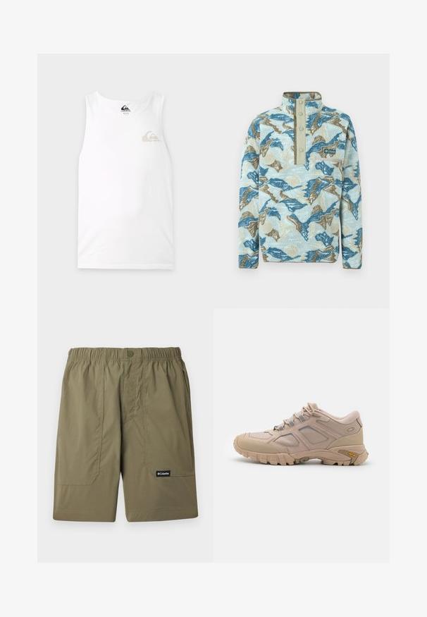 Pull polaire avec motif abstrait de montagnes en bleu, beige et crème, patte à boutons-pression, poche poitrine zippée et logo Columbia Sportswear.; Débardeur blanc sans manches avec un petit logo Quiksilver gris et beige sur le côté gauche de la poitrine et une étiquette à l'intérieur de l'encolure.; Shorts taille élastique de marque Columbia, couleur vert olive, avec poches avant et fermeture par bouton, sur un fond clair.; Baskets de sport beiges avec une tige en maille texturée, revêtement synthétique et semelle extérieure Vibram. Comprend un système de laçage et des détails sur les panneaux latéraux.