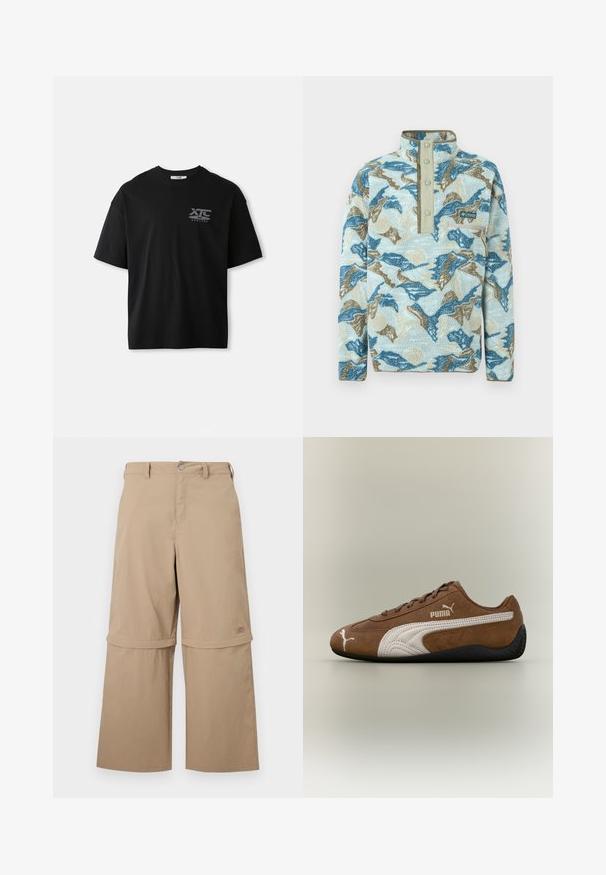Fleecepullover mit blauem, beige und cremefarbenem abstraktem Bergmuster, Druckknopfleiste, Brust-Reißverschlusstasche und Columbia Sportswear Logo.; Schwarzes Kurzarm- Baumwoll-T-Shirt mit Rundhalsausschnitt und einem weißen Logo "XTC VERTERE" auf der linken Brustseite. Glatte Textur.; Beige Cargo-Hose zum Wenden mit abnehmbaren unteren Hosenbeinen, Gürtelschlaufen, Seitentaschen und Knopfverschluss, dargestellt vor weißem Hintergrund.; Brauner Wildleder-Sneaker mit weißen Akzenten und strukturiertem Design. Mit einer schwarzen Gummisohle und einem auffälligen Puma-Logo an der Seite.