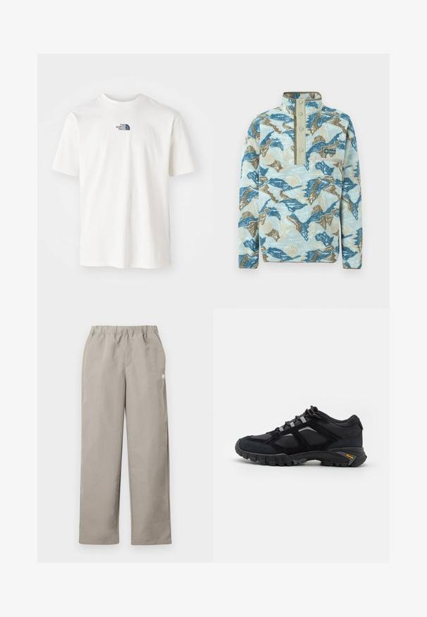 Pull polaire avec motif abstrait de montagnes en bleu, beige et crème, patte à boutons-pression, poche poitrine zippée et logo Columbia Sportswear.; T-shirt blanc à manches courtes avec col rond et petit logo noir "The North Face" centré sur la poitrine.; Pantalon beige à jambe droite avec une ceinture élastique et un petit logo blanc sur la couture latérale droite.; Chaussure extérieure noire en daim et en maille avec une semelle robuste. Présente des accents gris et une marque Vibram sur le côté. Design à lacets.