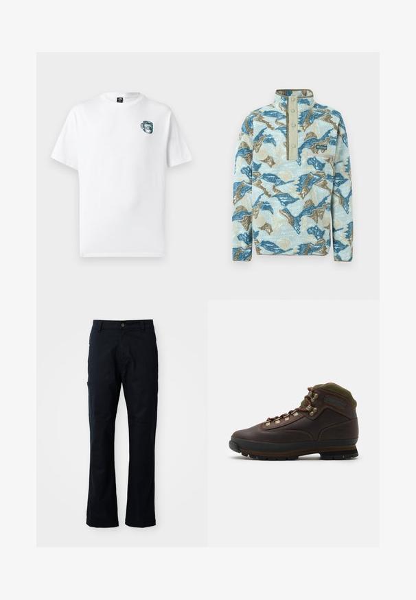 Fleece pullover with blue, tan, and cream abstract mountain pattern, snap-button placket, chest zip pocket, and Columbia Sportswear logo.; White short-sleeve T-shirt with small green cup graphic and "The North Face" logo on the left chest.; Dark navy pants made of cotton blend, featuring a straight cut, zippered side pocket, and subtle stitching details.; Brown leather hiking boot with green fabric collar. Features metal lace hooks, rubber sole, and textured tread for traction.