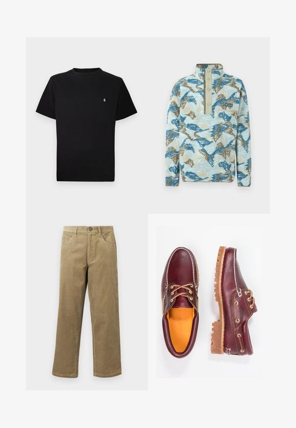 Pull polaire avec motif abstrait de montagnes en bleu, beige et crème, patte à boutons-pression, poche poitrine zippée et logo Columbia Sportswear.; T-shirt en coton noir avec encolure ronde et manches courtes ; présente un petit logo blanc sur le côté gauche de la poitrine. Texture lisse, coupe régulière.; Pantalon en velours côtelé marron clair, avec une coupe droite, cinq poches et une fermeture à bouton. Tissu texturé avec un léger effet de côtes.; Chaussures en cuir bourgogne avec semelles en caoutchouc marron, bout rond, couture blanche et œillets dorés. L'intérieur présente une doublure jaune.