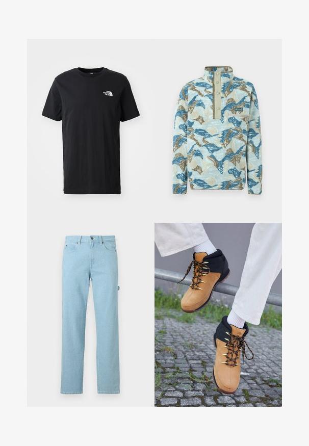 Fleecepullover med blå, tan og cremefarvet abstrakt bjergmønster, knaplukning med trykknapper, lynlåslomme på brystet og Columbia Sportswear-logo.; Sort bomulds t-shirt med korte ærmer, rund hals, med et lille hvidt logo på venstre bryst. Blød tekstur, afslappet pasform.; Lyseblå denimjeans med rette ben, forsynet med knaplukning foran, to sidelommer og minimalt syningsdetaljer.; Brune og sorte vandrestøvler med overdel i ruskind, guldøjer og mønstrede snørebånd, præsenteret på et rækværk over brosten. Hvide sokker synlige.