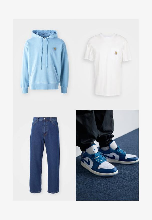 Sudadera de color azul claro hecha de una tela suave, con un bolsillo delantero tipo pouch, cordones y un parche cuadrado con el logo en el lado izquierdo del pecho.; Camiseta de algodón blanca con mangas cortas, un bolsillo en el pecho y un pequeño parche cuadrado de logo en naranja y blanco en el bolsillo.; Vaqueros de tiro alto de algodón, con una silueta de pierna recta, costuras visibles y un cierre de botón en la parte delantera.; Las zapatillas Nike Air Jordan cuentan con una base de cuero blanco con acentos sintéticos azules, una caja de dedos perforada y cordones azules.