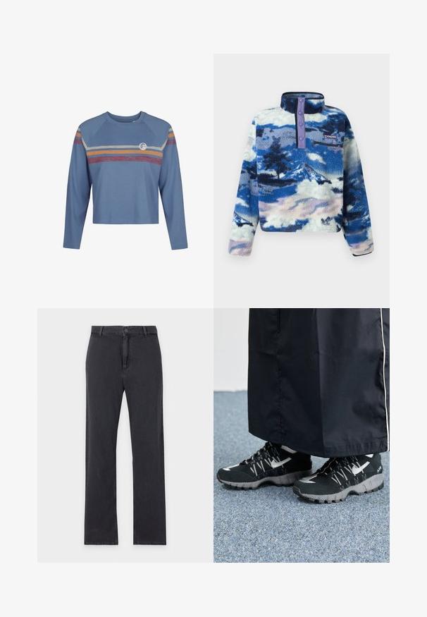 Fleece-trøje med høj krave, trykknapper, brystlomme med lynlås og abstrakt bjerglandsbymønster i blå, hvid og lilla.; Lysblå langærmet crop top med raglanærmer, der har farverige vandrette striber i rød, gul og creme over brystet.; Straight-leg sorte jeans med forreste knap- og lynlåslukning, bæltestropper og klassisk fem-lommer design, lagt fladt på hvid baggrund.; Sorte sportsko med en struktureret overdel, sølvdetaljer og en mønstret ydersål, parret med et langt sort plagg. Sat mod blå tæpper.