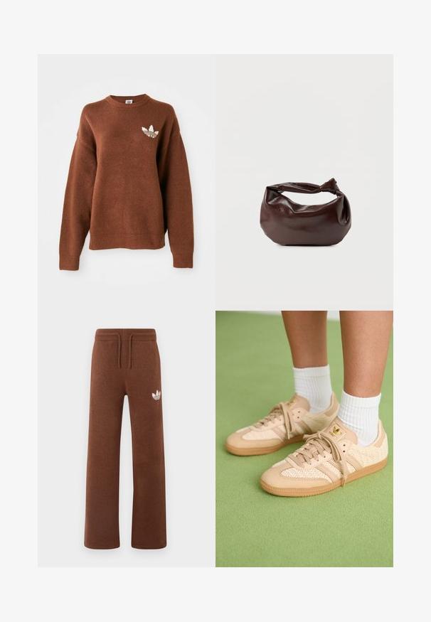 Brun strikket sweatshirt med rund hals, faldende skuldre, ribbede ærmeafslutninger og en hvid broderet logo på venstre bryst.; Brune sweatpants i blødt stof med en afslappet pasform, der har en elastisk talje, snørre og et hvidt logo på venstre lår.; Fødder iført beige vævede Adidas sneakers med gummisåler og hvide ankelsokker på en grøn struktureret gulv.; Mørkebrun læder skuldertaske med en blød, afslappet form og et snoet knudehåndtag på en ensartet hvid baggrund.