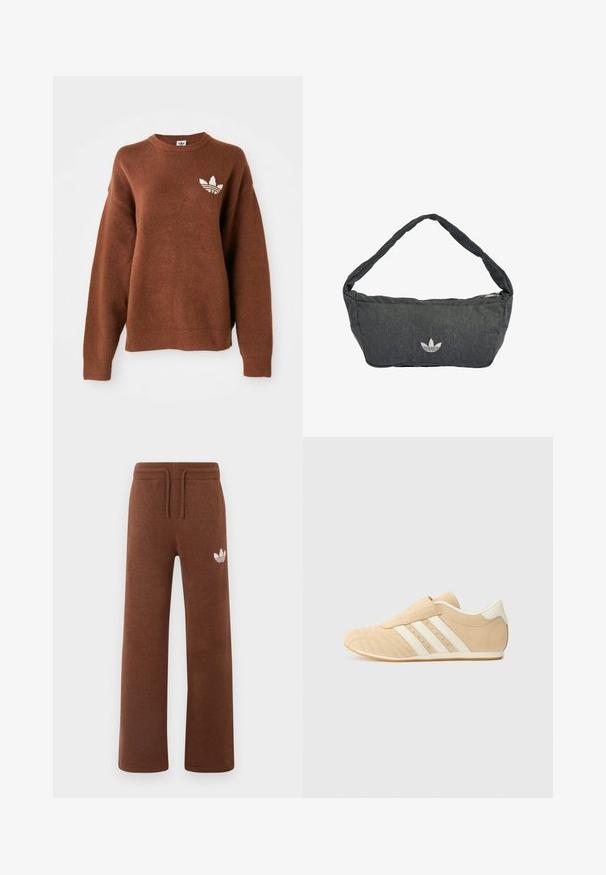 Brauner gestrickter Pullover mit Rundhalsausschnitt, überschnittenen Schultern, gerippten Bündchen und einem weißen, aufgestickten Logo auf der linken Brust.; Braune Sweatpants aus weichem Stoff mit lockerem Schnitt, ausgestattet mit einem elastischen Bund, einem Kordelzug und einem weißen Logo am linken Oberschenkel.; Tan- und cremefarbene Sportschuhe mit einem glatten Lederoberteil, drei weißen Streifen an der Seite und einer abgerundeten Zehenpartie. Strukturiertes Obermaterial mit Perforationen.; Dunkelgraue Schultertasche aus strukturiertem Stoff, mit Reißverschluss und einem aufgestickten Logo auf der Vorderseite. Langer, geschwungener Schulterriemen.