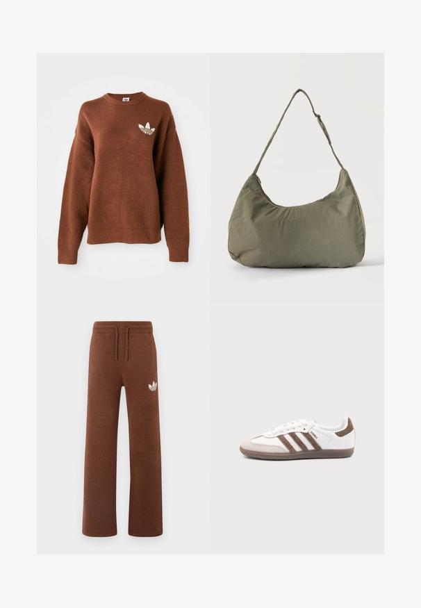 Bruine gebreide sweatshirt met ronde hals, doorgezakte schouders, geribbelde manchetten en een geborduurd wit logo op de linkerborst.; Bruine sweatpants van zacht materiaal met een relaxte pasvorm, voorzien van een elastische tailleband, koord en een wit logo op de linker dij.; Witte Adidas Samba sneaker met bruine suède strepen, bruine rubberen zool en beige suède neuskap, getoond vanaf de buitenkant op een effen achtergrond.; Schoudertas van zacht olijfgroen stof met ritssluiting en verstelbare band op een effen lichte achtergrond.