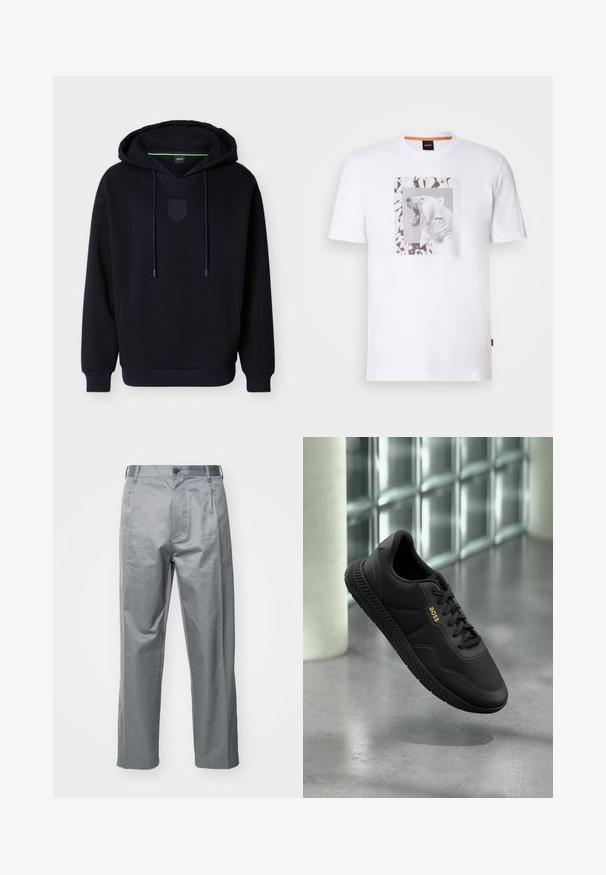 Sudadera con capucha en azul marino oscuro con textura acanalada, escudo con logo bordado, cordones ajustables y bolsillo tipo canguro. Cuenta con puños y dobladillo elásticos.; Camiseta de algodón blanca con un gráfico de un oso polar rugiendo dentro de un marco rectangular, acentuado por patrones abstractos en negro y gris.; Pantalones de algodón gris con un diseño de pierna recta, que cuentan con un cierre de botón en la parte delantera, presillas para el cinturón y bolsillos laterales.; Zapatilla negra BOSS con suela texturizada y diseño de cordones, flotando sobre un suelo gris reflectante cerca de una pared de bloques de vidrio.