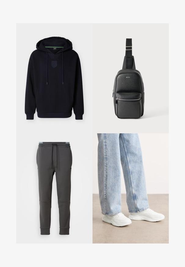 Hættetrøje i mørk marineblå med ribbet tekstur, broderet logo-skjold, snører og kængurulomme. Har elastiske manchetter og kant.; Kullfarvede sweatpants med elastisk talje, justerbar snøre, sidelommer og ribbede manchetter. Glat tekstur og tætsiddende design.; Hvide atletik sneakers med et glat, formet design og teksturerede såler, parret med lyseblå, løstsiddende denim jeans.; Sort lædertaske med justerbar rem, lynlåslomme foran og "BOSS"-logo på en glat tekstureret overflade.