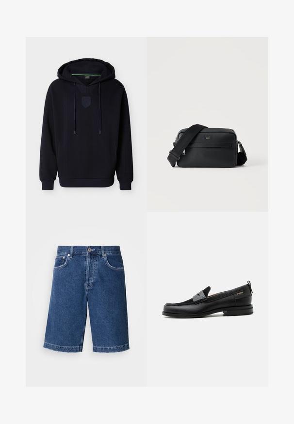Kapuzensweatshirt in dunkelblau mit gerippter Textur, besticktem Logo-Schild, Kordelzug und Kängurutasche. Mit elastischen Bündchen und Saum.; Jeansshorts in Dunkelblau, mit geradem Schnitt, zwei vorderen Taschen und einer klassischen Knopfleiste. Genähter Saum mit leichter Ausbleichung.; Schwarzer Lederloafer mit grauem Riemendetail, niedrigem Absatz und strukturierter Sohle, seitlich mit „HUGO“ in Gold gebrandmarkt.; Schwarze, strukturierte Leder-Crossbody-Tasche mit vorderer Reißverschlusstasche und verstellbarem breitem Stoff-Schulterriemen auf weißem Hintergrund.