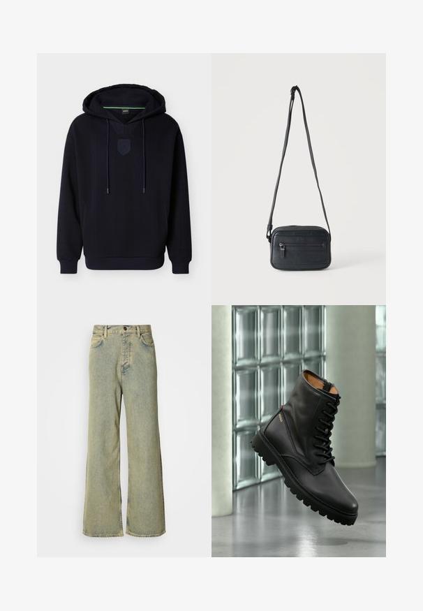 Sweat à capuche bleu marine foncé avec texture côtelée, écusson brodé du logo, cordons de serrage et poche kangourou. Comprend des poignets et un ourlet élastiques.; Jeans évasés en denim bleu clair, avec une taille haute, un design classique à cinq poches et une fermeture à boutons à l'avant.; Botte de combat en cuir noir à lacets avec semelle épaisse, logo doré "HUGO" sur le côté, exposée dans un cadre intérieur moderne avec un mur en blocs de verre en arrière-plan.; Sac bandoulière noir avec une poche zippée à l'avant, surface texturée et bandoulière réglable suspendu sur un fond clair uni.