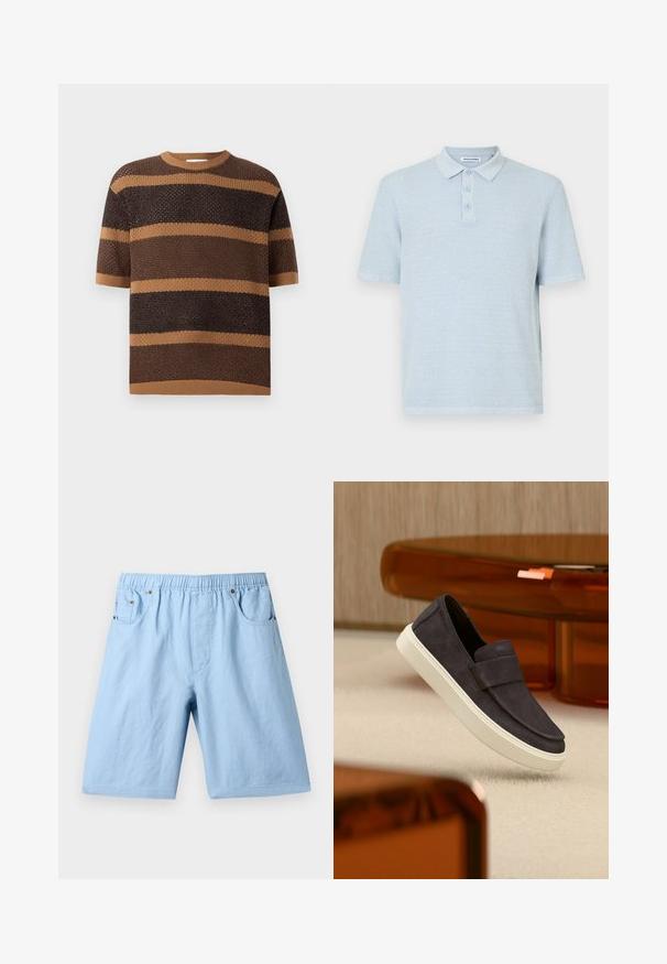 Suéter de punto con mangas cortas, cuello redondo y rayas horizontales alternas en marrón y beige, confeccionado con un tejido texturizado.; Polo de manga corta azul claro, hecho de tela texturizada, con un collar y tres botones frontales en color a juego.; Pantalones cortos azul claro con una cintura elástica, dos bolsillos frontales y una textura suave. Hechos de una tela blanda, adecuados para uso casual.; Zapato de ante gris oscuro tipo slip-on con suela blanca, flotando sobre una alfombra beige, con muebles translúcidos de color ámbar en el fondo.