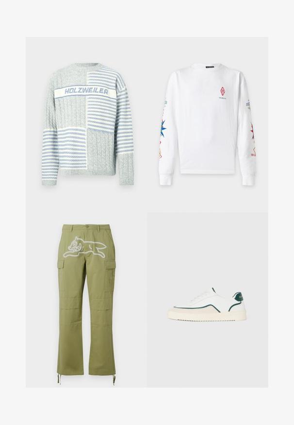 Strikket sweater i lys grå og blegblå, med kabel- og stribemønstre og teksten "HOLZWEILER" på brystet. Rund hals og ribbede manchetter.; Hvid skjorte med lange ærmer med lille rødt logo på brystet og farverige kompas- og tekstdesign på begge ærmer.; Icecream RUNNING DOG PANTS - Cargobukser - green; Hvide lavtop sneakers med grønne detaljer, beige ruskind og en cremefarvet sål med en rilllet bund.