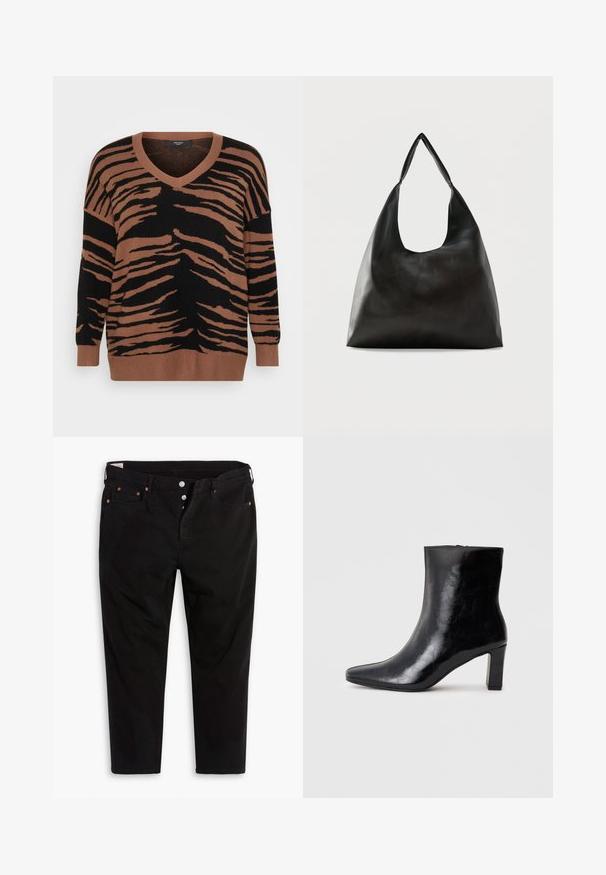 Braun und schwarz gestreifter Pullover aus weichem Strick, mit V-Ausschnitt und lockerer Passform, sowie gerippten Bündchen und Saum.; Schwarze Jeanshose mit geradem Bein. Verfügt über fünf Taschen, Metallknopfverschluss und orangefarbene Nähtigkeiten. Aus Baumwollmaterial.; Schwarze Knöchelstiefel aus glänzendem Leder mit spitzem Zustand und mittelhohem Blockabsatz, mit glatter Textur und einfachem Design.; Schwarze, glatte Leder-Schultertasche mit einem breiten, einzelnen Riemen und einem lässigen, minimalistischen Design vor einem einfarbigen Hintergrund.