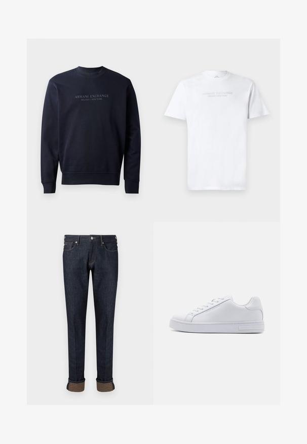 Navy blauwe sweatshirt van zacht materiaal, met een ronde hals en ribgebreide mouwen, voorzien van de gegraveerde tekst "ARMANI EXCHANGE MILANO / NEW YORK".; Witte katoenen t-shirt met een ronde hals, korte mouwen en een reliëflogo "ARMANI EXCHANGE MILANO/NEW YORK" op de voorkant.; Donkerblauwe denim jeans met een rechte pijp, voorzien van een omslag aan de zoom en een merkaccent van tan stof op de omslagen.; Witte leren sneaker met een soepele textuur, ronde neus, vetersluiting aan de voorkant en platte rubberen zool. Voorzien van reliëfbranding op de hak.