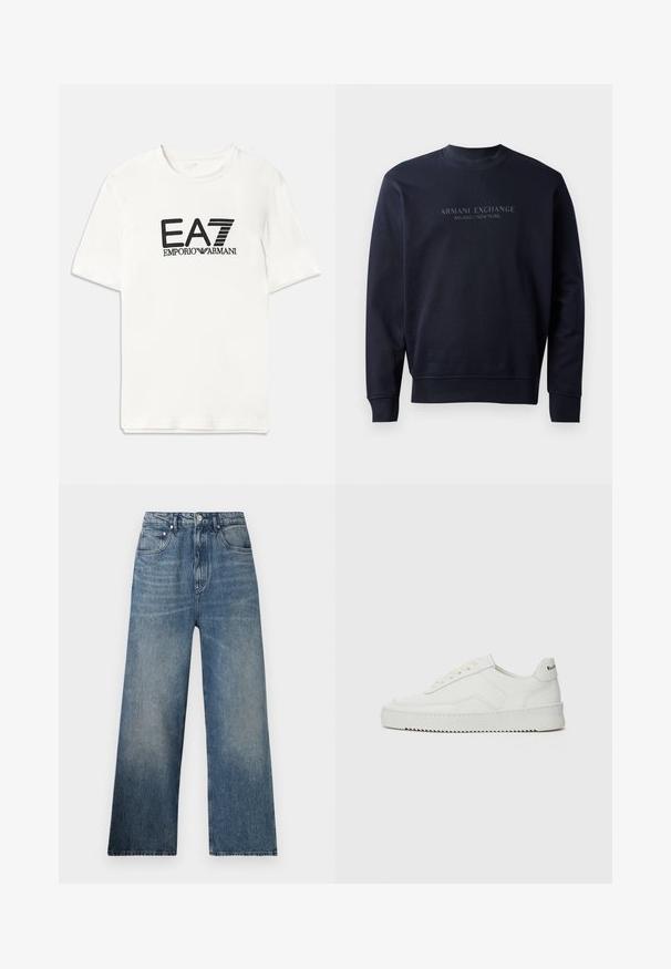 Sudadera azul marino hecha de material suave, con cuello redondo y puños acanalados, con el texto en relieve "ARMANI EXCHANGE MILANO / NEW YORK".; Camiseta blanca de algodón con un logo negro de EA7 y el texto "EMPORIO ARMANI". Mangas cortas, cuello redondo, corte regular, textura suave.; Jeans de mezclilla azul de pierna ancha con cintura alta, que presentan un desgaste sutil, cinco bolsillos y un cierre de botón metálico en la parte delantera.; Zapatilla de cuero blanca con un acabado suave, puntera redonda, cordones planos y suela texturizada. Cuenta con un sutil logo en el talón.