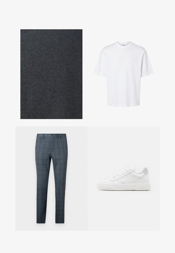 Zwarte katoenstof met een gladde textuur, met een consistente breipatroon en zonder zichtbare versieringen of hardwaredetails.; Effen wit T-shirt met korte mouwen en ronde hals met een ontspannen pasvorm, afgebeeld op een effen achtergrond.; Slim-fit herenkleedbroek in blauwgrijs met een subtiel ruitpatroon, voorste knoop, riemlussen en een vlak ontwerp aan de voorkant.; Witte leren sneakers met een gladde afwerking, ronde neus, platte veters en een gestructureerde zool. Grijze suède accent bij de hiel.