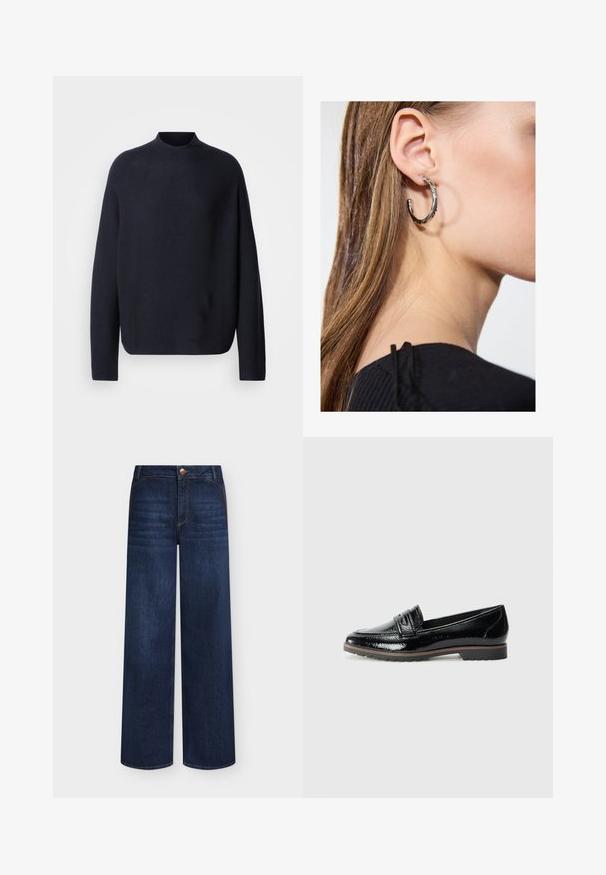 Pull en maille navy avec un col montant, des manches longues et une coupe carrée. Texture douce, design minimaliste et sans logos ni motifs visibles.; Jeans en denim bleu foncé à jambes larges avec poches avant, fermeture par boutons et légère décoloration sur les cuisses à l'avant.; Mocassins en cuir verni noir avec un bout rond, descoutures décoratives et un détail de sangle, ainsi qu'une semelle en caoutchouc texturée et basse.; Boucle d'oreille en argent avec une finition polie, présentant de petits détails en or et de forme ronde, portée sur le lobe.