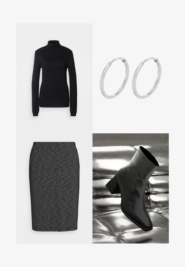Sort turtleneck sweater lavet af et blødt strikstof, med lange ærmer og en tætsiddende silhuet, der har ribbet krave og kant.; Sort pencilskørt med et tekstureret mønster, tætsiddende design, knælangt, med høj talje og ingen synlige metaldele eller pynt.; Sorte ankelstøvler lavet af glossy materiale med firkantet tå og spidse hæle, sat mod en skinnende sølv tuftet baggrund.; Sølv hoops øreringe, cirkulær form, glat skinnende tekstur og ensartet bredde hele vejen igennem. Minimalistisk design uden yderligere accenter.