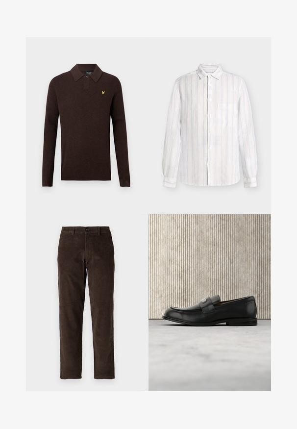 Dunkelbraunes Langarm-Poloshirt mit Kragen, einem schwarzen Knopf und kleinem, gelb gesticktem Vogel-Logo auf der linken Brust.; Herren-Langarmhemd mit Knopfleiste, hellblau- und beigen vertikalen Streifen und einer Brusttasche, auf schlichtem Hintergrund dargestellt.; Braune Cordhosen mit geradem Schnitt, ausgestattet mit einem Frontknopfverschluss und standardmäßigen Gürtelschlaufen. Glatte Textur und klassischer Schnitt.; Schwarzer Lederloafer mit einer Metallmarkenplatte, der nahe einem braunen runden Tisch auf beigem Teppichboden ruht.