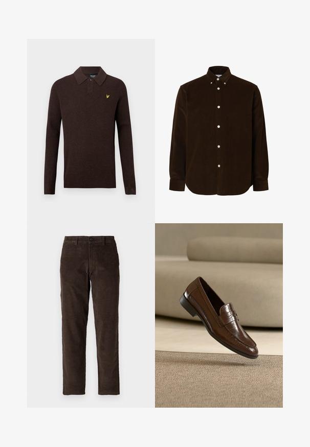 Donkerbruin langärmelig poloshirt met kraag, één zwarte knoop en een klein geel geborduurd vogel-logo op de linkerborst.; Donkerbruine corduroy blouse met lange mouwen, knoopsluiting, button-down kraag en witte knopen vooraan en aan de manchetten.; Bruine corduroybroek met een recht model, voorzien van een knoopsluiting aan de voorkant en standaard riemlussen. Soepele textuur en een klassieke snit.; Bruine leren loafer met een gestructureerd patroon, zwevend boven een beige tapijt met een bijpassende beige bank op de achtergrond.