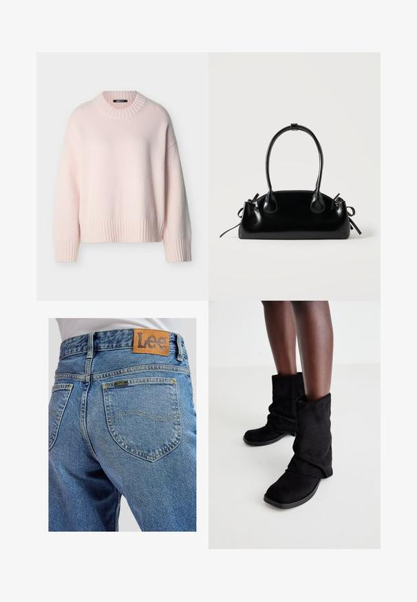 Suéter de punto suave y rosa claro con mangas largas, cuello redondo acanalado, puños y dobladillo, exhibido sobre un fondo liso.; Jeans de mezclilla azul con bolsillos traseros que presentan costuras amarillas y un parche de cuero marrón de la marca Lee en la cinturilla.; Botas de tobillo de ante negro con un diseño arrugado, que cuentan con una suela plana y una punta cuadrada, exhibidas sobre piernas oscuras contra un fondo claro.; Pequeño bolso negro brillante con dos asas largas y detalles de cordón lateral sobre un fondo claro liso.