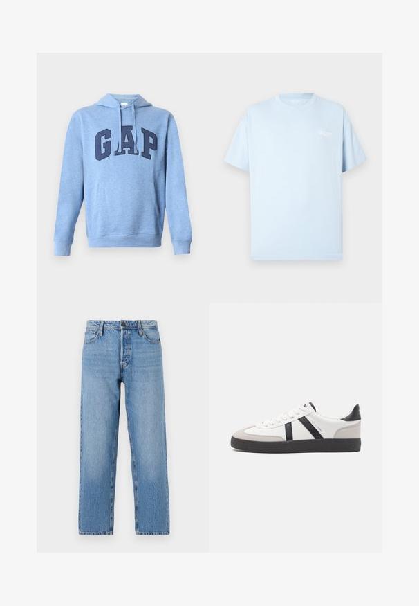 Lichtblauwe hoodie van zachte stof met een voorzak, verstelbare capuchon met trekkoord en gedurfde marineblauwe "GAP"-letters op de borst.; Lichtblauw katoenen T-shirt met korte mouwen, een ronde hals en witte logo-tekst op de linkerborst. Gladde textuur, casual pasvorm.; Lichtblauwe denim jeans met een recht beenontwerp, voorzien van een knoop- en ritsluiting, vijf zakken en subtiele vervaging.; Witte sneaker met zwarte en grijze accenten, voorzien van een grijze neus met textuur, zwarte rubberen zool en platte witte veters. Schoon ontwerp, minimalistische stijl.