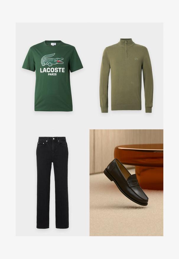 Olijf groene sweater met lange mouwen, een kwart ritssluiting en een klein krokodillenlogo op de linkerkant van de borst.; Groen T-shirt met korte mouwen en een grote witte en rode grafische krokodil boven de tekst "LACOSTE PARIS" aan de voorkant.; Zwarte, hoog getailleerde jeans met rechte pijpen, voor- en achterzakken, zilveren knoopsluiting en lussen voor een riem, op een witte achtergrond.; Zwarte leren loaferschoen zwevend boven een beige tapijt met amberkleurige moderne meubels op de achtergrond.