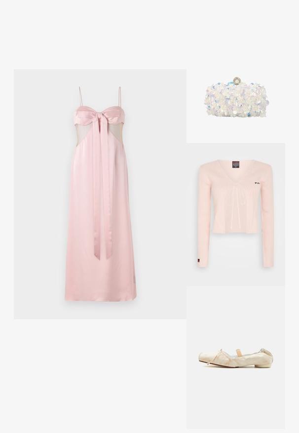 Lichtroze gebreid cropped top met lange mouwen, V-hals en trekkoord. Heeft een geribbelde textuur en subtiele branding op de borst.; Roze satijnen jurk met smalle bandjes, strikdetail bij de buste en doorschijnende zijkanten. Vloerlengte met een gladde textuur.; Beige ballerina met zachte stof en een kleine hak, elastische achterkant, strikdetail op de neus en een perzikkleurige elastische band over de wreef.; Witte clutchtas bedekt met iriserende bloemapplicaties en parelaccenten, met een parelklipsluiting bovenaan.