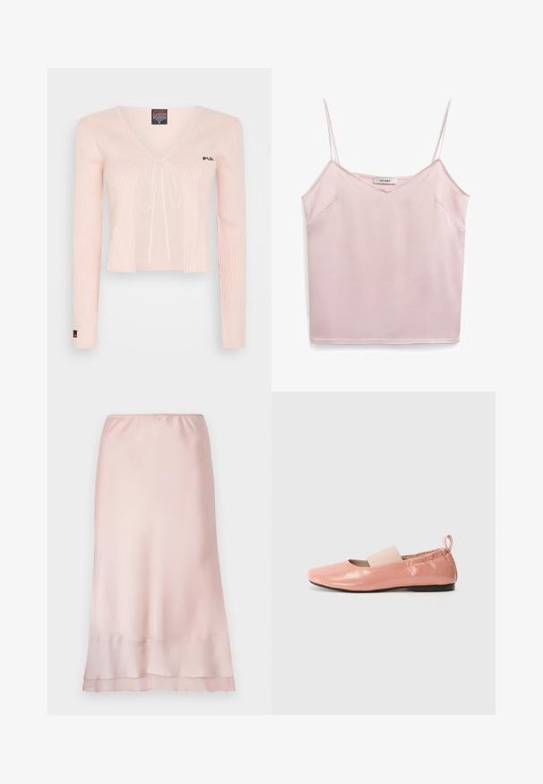 Lyserød strikket cropped top med lange ærmer, V-hals og snørelukning. Har ribbet struktur og subtil branding på brystet.; Lyserød ærmeløs top med tynde stropper, V-hals, blød tekstur og to sidelommer. Mærket læser "IVY OAK." Enkel, ren design.; Lyserød satin midi-nederdel med elastisk talje og lagdelt kantdetalje, præsenteret på en ensfarvet hvid baggrund.; Lyserøde syntetiske flade sko med en skinnende overflade, firkantet tå og et blødt elastikbånd hen over vristen. Sort gummisål og bageste trækflap.