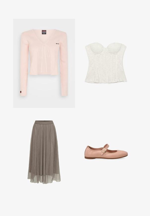 Haut court en tricot rose clair avec des manches longues, décolleté en V et lien à coulisse. Présente une texture côtelée et un branding subtil sur la poitrine.; Bustier blanc sans bretelles en dentelle avec bonnets moulés et baleinage vertical.; Jupe maxi plissée en taupe, dotée d'une taille lisse et d'une silhouette fluide. Fabriquée en matériau léger et transparent avec une texture fine.; Ballerines en cuir rose avec un bout rond et une seule sangle réglable au-dessus de l'arche. Semelle plate en caoutchouc. Texture lisse.