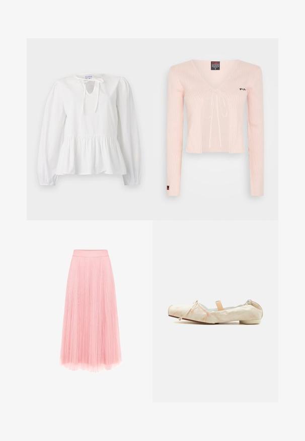 Haut court en tricot rose clair avec des manches longues, décolleté en V et lien à coulisse. Présente une texture côtelée et un branding subtil sur la poitrine.; Blouse en coton blanc à manches longues, avec un détail de nœud au col et un ourlet peplum froncé. Texture douce avec une coupe décontractée.; zero MIT PLIESSENDEM BECHER - Jupe plissée - bridal rose; Ballerine en tissu doux beige avec un petit talon, un dos élastique, un détail de nœud sur l'orteil et une sangle élastique pêche traversant le cou-de-pied.