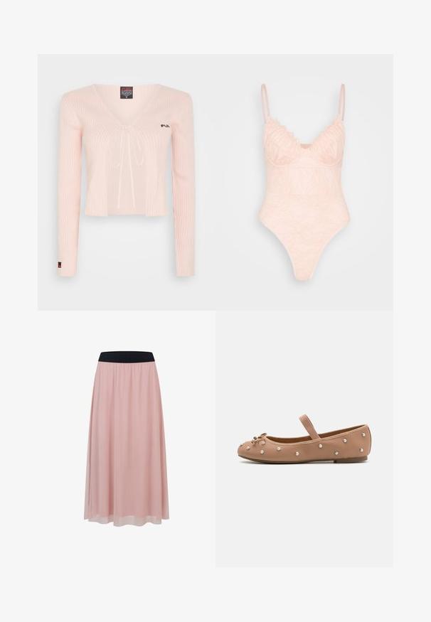 Lichtroze gebreid cropped top met lange mouwen, V-hals en trekkoord. Heeft een geribbelde textuur en subtiele branding op de borst.; IN THE STYLE LINGERIE BODYSUIT - Top - rosé; Roze enkellange rok met een doorschijnende buitenlaag en een brede zwarte elastische tailleband.; Tan leren balletschoenen met een ronde neus, voorzien van een decoratieve strik en parelaccenten aan de zijkanten. Elastische band voor een goede pasvorm.