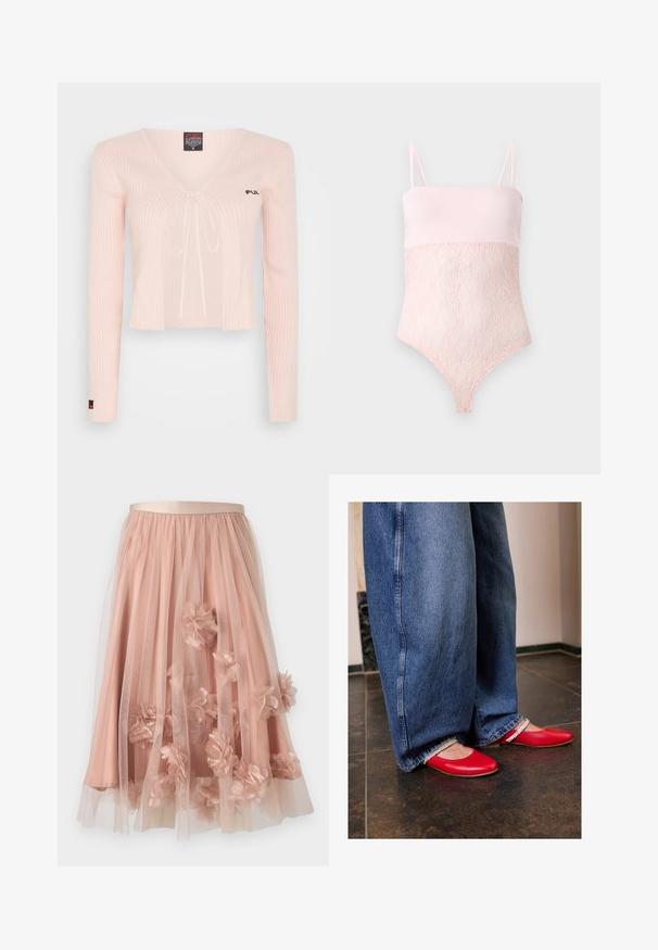 Haut court en tricot rose clair avec des manches longues, décolleté en V et lien à coulisse. Présente une texture côtelée et un branding subtil sur la poitrine.; Body en dentelle rose clair avec bretelles spaghetti et une partie supérieure lase sur un fond clair uni.; Jupe en tulle rose pâle avec une ceinture en satin. Comprend plusieurs couches de tissu transparent et des appliqués floraux en trois dimensions sur toute la surface.; Des ballerines en cuir rouge avec un bout arrondi et une sangle argentée. Portées avec un jean en denim bleu à jambe large, présentant un ourlet effiloché.