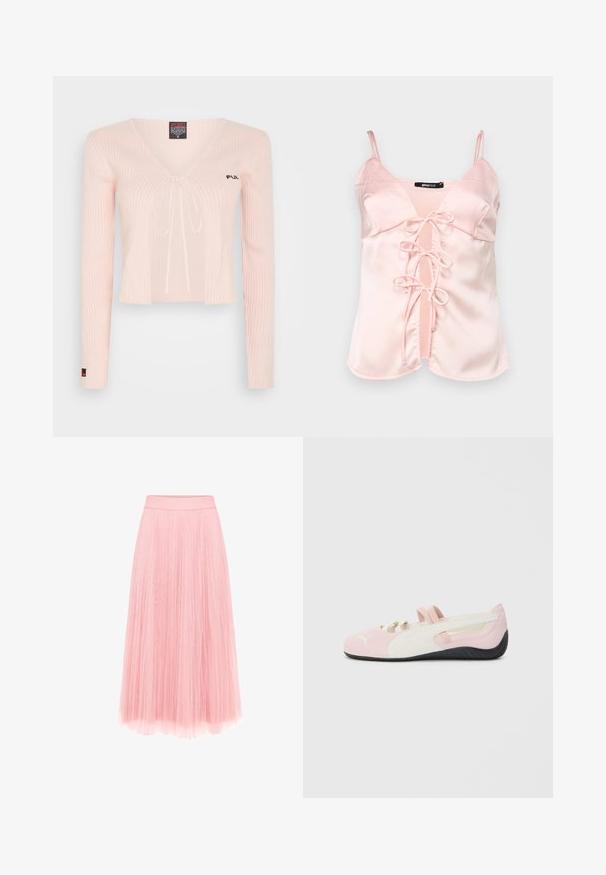 Haut court en tricot rose clair avec des manches longues, décolleté en V et lien à coulisse. Présente une texture côtelée et un branding subtil sur la poitrine.; Camisole en satin rose avec des bretelles spaghetti réglables, dotée d'une fermeture à nouer à l'avant avec des anses et d'un décolleté en V. Texture lisse et lignes épurées.; zero MIT PLIESSENDEM BECHER - Jupe plissée - bridal rose; Chaussure slip-on rose en suede avec des accents blancs, semelle en caoutchouc et sangles élastiques. Présente un design texturé et un petit logo sur le devant.
