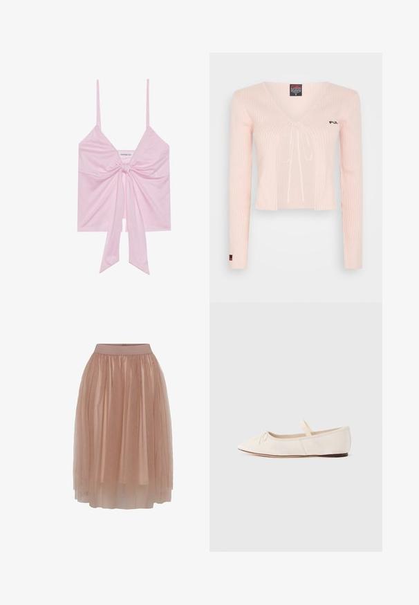 Lys rosa strikket cropped topp med lange ermer, V-hals og snor. Har ribbestruktur og subtil merkevare på brystet.; Rosa ermeløs topp med detalj av knute foran, med tynne stropper og en myk, glatt tekstur. Avslappet design med løs passform.; Tyllskjørt i en myk nude farge med et tett elastisk liv, med lagdelt, gjennomsiktig, lett stoff og en jevn tekstur.; Ballerinasko med lys beige semsket overdel, spiss tå og en tynn elastisk stropp over vristen. Flat såle med minimal gummidetalj.