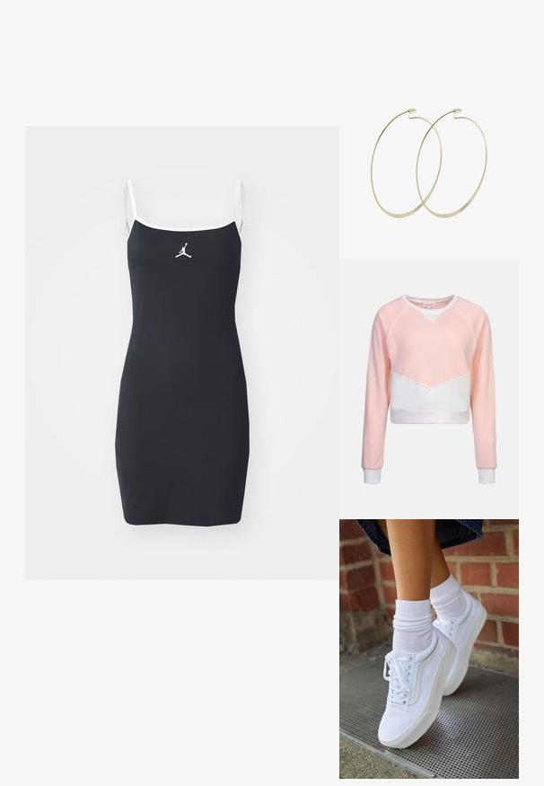 Lühendatud sviiter roosa ülemise osa ja valge alumise osaga, millel on V-kaelus ja pikad varrukad, valmistatud pehmest kangast.; Must mustriba kleit valgete rihmade ja ääredega. Rinnal on Jumpman logo. Keha lähedal lõige, põlvi kattev disain.; Valged kanvas tennisikud kummitaldadega, kuue silmaga, ümmarguse varbaga ja kergete tikandite detailidega, koos valgete pahkluusokkidega.; Pilgrim Kõrvarõngad - gold-coloured