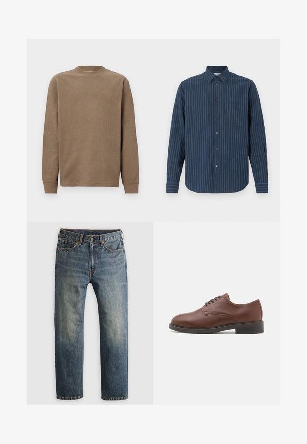 Brun ribbet langærmet sweater med rund hals og tætsiddende manchetter. Blød tekstur og enkelt design, velegnet til hverdag.; Langærmet skjorte med knapper i lodrette mørkeblå og lyseblå striber, spids krave, brystlomme og knapforseglede manchetter.; Blå, falmede lige ben denim jeans med forlommer, bæltestropper, knap og lynlås lukning på en lys baggrund.; Brun læder sko til mænd med rund tå, snørelukning og en solid sort gummisål. Glat tekstur med en subtil glans.