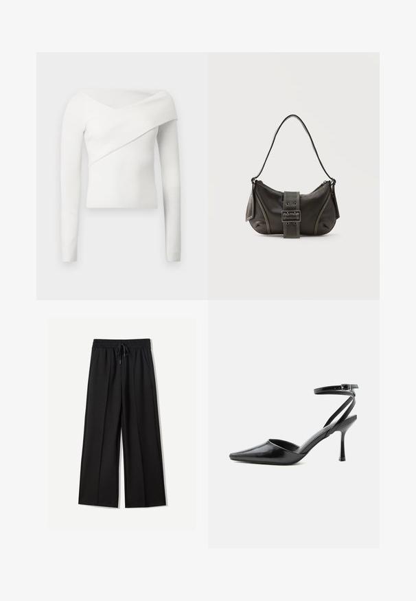 Wit geribd top met lange mouwen en een off-shoulder ontwerp, met een diagonale wikkeling over de borst die een gestructureerde silhouet creëert.; Zwarte wijde broek van zachte stof. Voorzien van een elastische tailleband met een trekkoord en twee zijzakken. Platte voorkant met plooien.; Zwarte pumps met puntige neus, dunne enkelbandjes en een zilveren gesp op een effen lichte achtergrond.; Zwarte leren schoudertas met gespsluiting aan de riem, afgeronde hoeken en contrasterende witte stiksels op een effen achtergrond.