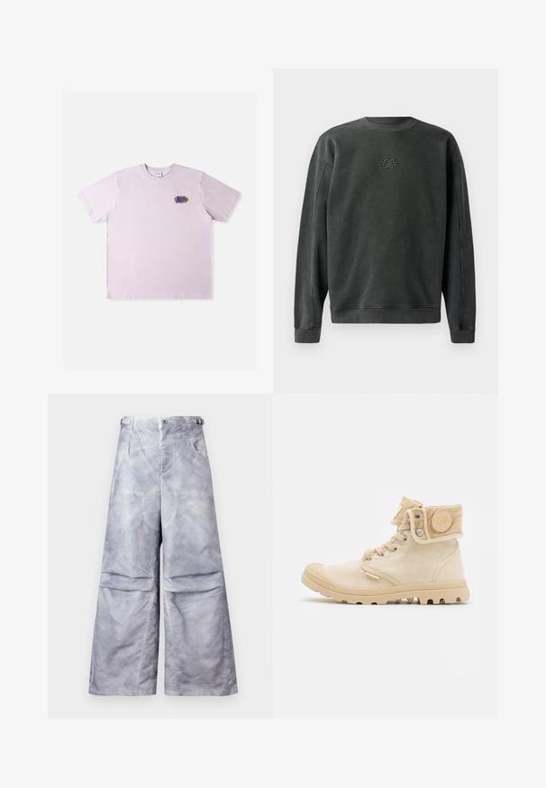 Dunkelgrauer Sweatshirt mit Rundhalsausschnitt, gerippten Bündchen und Saum. Besitzt ein kleines gesticktes Design in der Mitte. Weicher, strukturierter Stoff.; Rosa Baumwoll-T-Shirt mit kurzen Ärmeln, das ein kleines mehrfarbiges Logo auf der linken Brustpartie zeigt. Einfaches, legeres Design.; Hellgraue, weit geschnittene Hose mit Fronttaschen, Gürtelschlaufen und verstellbaren Seitenträgern, auf einem schlichten Hintergrund dargestellt.; Beige-Leinenschnürstiefel mit einer strukturierten Oberseite, Gummikappe und einem umklappbaren Schaft mit einem runden Logo-Patch.