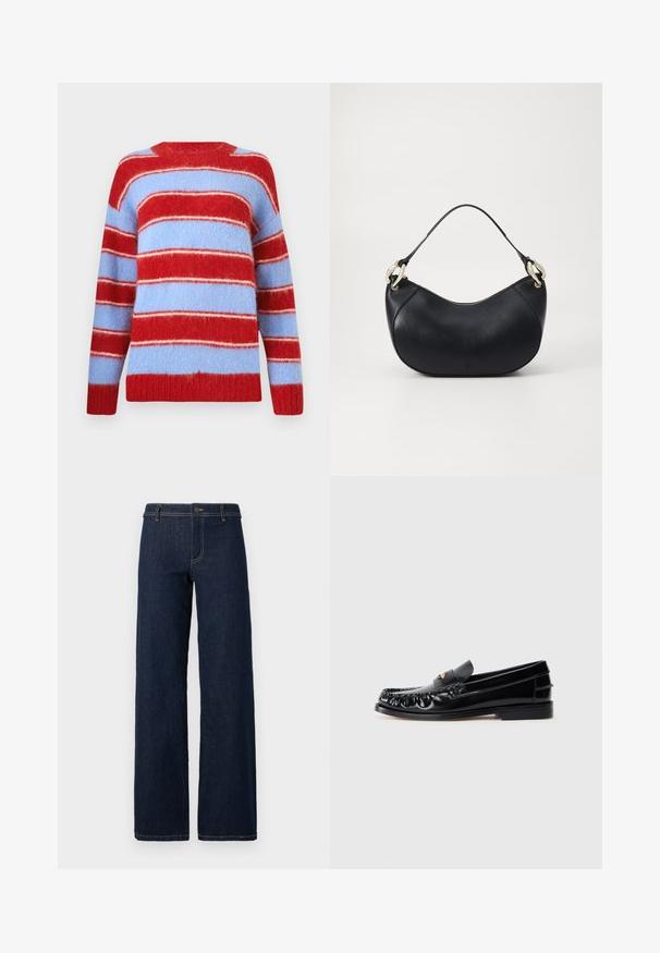 Gestreifter Pullover in Rot und Hellblau, aus weichem, flauschigem Material. Mit breiten horizontalen Streifen und Rundhalsausschnitt.; Weite, dunkelblaue Jeans mit klassischem Fünf-Taschen-Design, aus Denim gefertigt, mit goldenen Nähten und einem Knopfverschluss an der Taille.; Schwarze LederSlipper mit runder Zehenform, dekorativen Nähten und einem kleinen goldenen Akzent auf dem Vorderblatt. Flache Gummisohle, elegantes Design.; Schwarze Lederhandtasche mit geschwungener Form, kurzem Griff und Akzenten aus goldfarbenem Metall. Reißverschlussöffnung an der Oberseite für sicheren Stauraum.