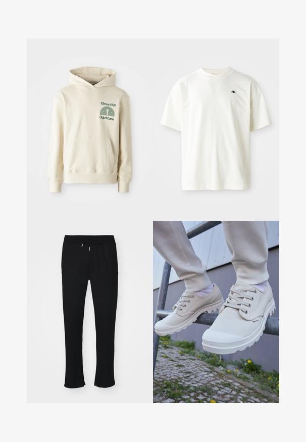 Beige bomuldshoodie med en kængurulomme. Grøn tekstlogo "Ellesse 1959" og buet grafik på venstre brystområde. Blød tekstur, normal pasform.; Kortærmet T-shirt med rund hals i lys cremefarve, lavet af bomuld. Har et lille marineblå logo på venstre bryst. Glat tekstur, afslappet pasform.; Sorte joggingbukser lavet af blødt stof, med elastisk talje og snor, slids ved kanten og subtil mønstret struktur.; Beige lærredssko med strukturerede gummisåler, der har runde snørebånd, forstærket tå og en slank silhuet. Placeret på et metalgelænder.