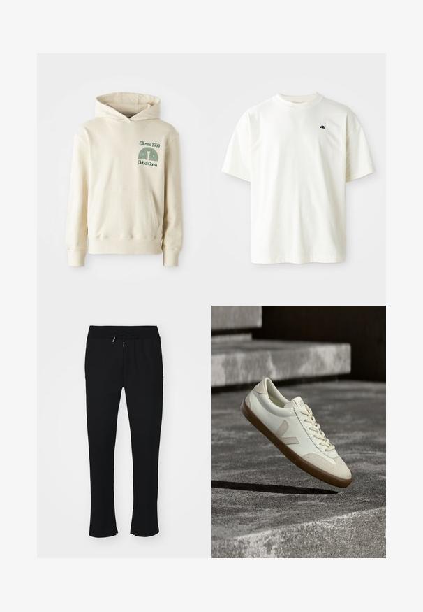 Beige katoenen hoodie met een kangoeroezak. Groene tekstlogo "Ellesse 1959" en een gebogen afbeelding op de linkerbovenkant. Zachte textuur, normale pasvorm.; Korte mouwen, crew-neck t-shirt in lichtcrème, gemaakt van katoen. Beschikt over een klein marineblauw logo op de linkerborst. Soepele textuur, ontspannen pasvorm.; Zwarte joggerbroek van zacht materiaal, voorzien van een elastische tailleband met trekkoord, een split aan de onderkant en een subtiele patroonstructuur.; Witte leren sneakers met een bruine rubberen zool, platte veters en een V-vormig accent aan de zijkant. Ze hebben een glad oppervlak en minimale stikdetails.