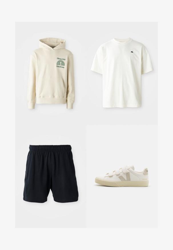Beige bomuldshoodie med en kængurulomme. Grøn tekstlogo "Ellesse 1959" og buet grafik på venstre brystområde. Blød tekstur, normal pasform.; Kortærmet T-shirt med rund hals i lys cremefarve, lavet af bomuld. Har et lille marineblå logo på venstre bryst. Glat tekstur, afslappet pasform.; Sorte sportsshorts lavet af blød stof, med elastisk talje og to sidelommer for bekvemmelighed.; Hvide lædersneakers med Velcro-remme, beige accenter, rund tå, tekstureret gummisål og prægede logo. Minimalistisk design.