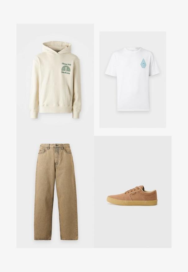 Beige katoenen hoodie met een kangoeroezak. Groene tekstlogo "Ellesse 1959" en een gebogen afbeelding op de linkerbovenkant. Zachte textuur, normale pasvorm.; Witte T-shirt met korte mouwen en ronde hals met een klein blauw oogontwerp in traanvorm op de linkerborst.; Tan denim jeans met een rechte pijpontwerp, voorzien van een rits, riemlussen en contrasterende stiksels. Geen opvallende patronen of hardwaredetails.; Etnies BARGE - Sneakers laag - brown/beige/gum