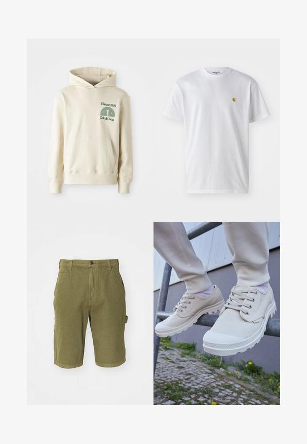 Beige bomuldshoodie med en kængurulomme. Grøn tekstlogo "Ellesse 1959" og buet grafik på venstre brystområde. Blød tekstur, normal pasform.; Hvid bomulds t-shirt med korte ærmer, rund hals og et lille guld logo på venstre brystområde. Blød tekstur og almindelig pasform.; Oliven grønne bomulds cargo-shorts med knaplukning, bæltestropper, sidelommer og en let tekstureret stofoverflade.; Beige lærredssko med strukturerede gummisåler, der har runde snørebånd, forstærket tå og en slank silhuet. Placeret på et metalgelænder.