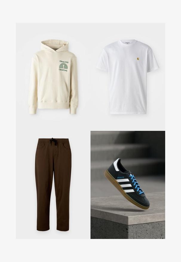 Haut à capuche en coton beige avec une poche kangourou. Logo en texte vert "Ellesse 1959" et graphique courbé sur le côté gauche de la poitrine. Texture douce, coupe classique.; T-shirt en coton blanc à manches courtes, col rond, avec un petit logo doré sur la poitrine gauche. Texture douce et coupe régulière.; Pantalons en coton marron avec taille à cordon, deux poches latérales et coupe décontractée. Texture lisse et design à jambe droite.; Baskets Adidas noires avec des rayures blanches, des lacets bleus et une semelle en gomme flottant au-dessus d'une marche en béton grise sous une lumière douce.