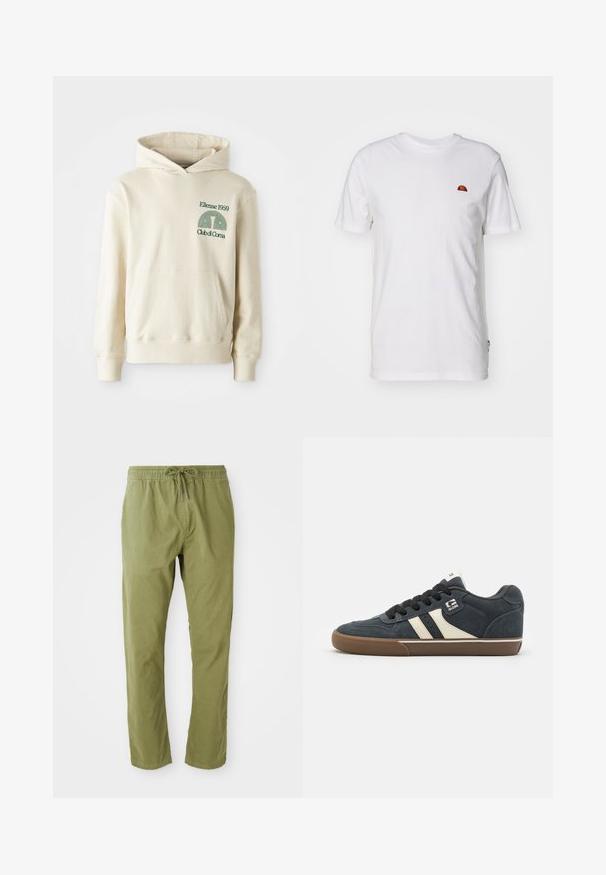 Sudadera de algodón beige con bolsillo tipo canguro. Logotipo en texto verde "Ellesse 1959" y gráfico curvado en la parte izquierda del pecho. Textura suave, corte regular.; Camiseta de algodón blanca con mangas cortas y cuello redondo. Presenta un pequeño logotipo colorido en la parte izquierda del pecho. Textura suave.; Pantalones de corte relajado en verde oliva con cinturilla elástica y cordón. Confeccionados en una tela suave con una textura lisa y perneras rectas.; Zapatillas de ante azul oscuro con rayas color crema, cordones negros y suela de goma marrón. Presenta un cuello acolchado y un logo en el lateral.