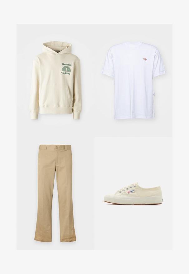 Beige Baumwoll-Hoodie mit einer Kängurutasche. Grüner Text-Logo "Ellesse 1959" und geschwungenes Grafikdesign im linken Brustbereich. Weiche Textur, reguläre Passform.; Weißes Baumwoll-T-Shirt mit V-Ausschnitt und kurzen Ärmeln. Besitzt ein kleines, buntes, gesticktes Logo auf der linken Brustseite. Weiches Material.; Beige Schlaghose aus einem Baumwollmix, mit Knopfverschluss, Gürtelschlaufen und flacher Vorderseite mit glatter Textur.; Beige Leinen-Sneaker mit niedrigem Profil, Metallösen und Gummisohle. Mit einem strukturierten Muster und einem Logodetail an der Seite.